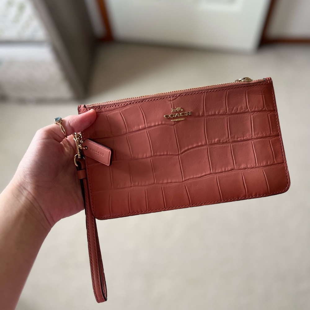 Coach Pink Wristlet Clutch Croc-Embossed